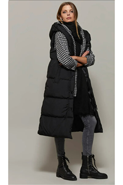 BE CHİC Γυναικείο μακρύ πουπουλένιο γιλέκο με κουκούλα και τσέπες df8000