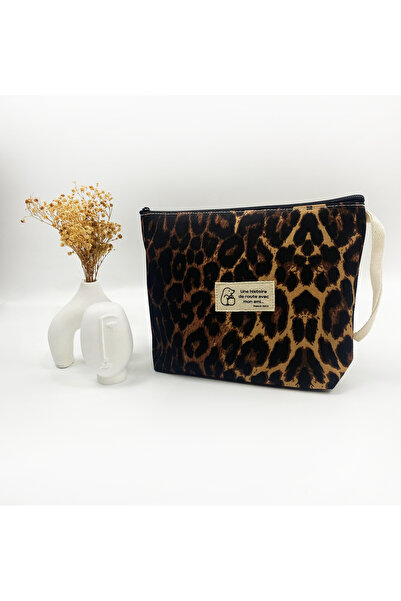 KOSTEBAG Leona Leopar Desenli Lamineli 300gr Kanvas Kumaş 25x18x6cm Körüklü Clutch Bez Çanta