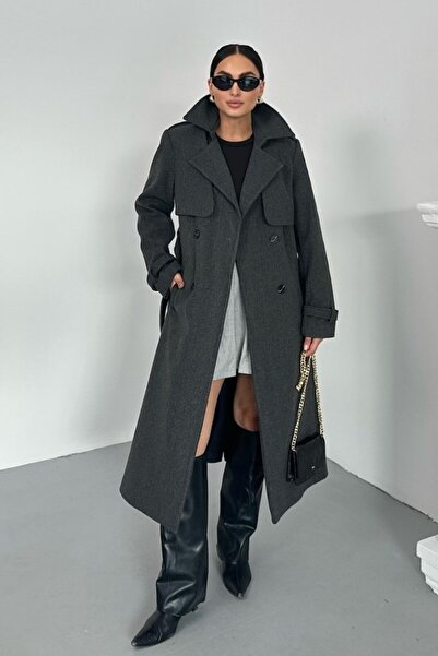 spirituel Women's Coat Long Cashmere Belted Buttoned Pocketed Double Breasted Premium Coat