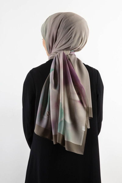 NUR İPEK Crepe Shawl with Degraded and Flower Pattern Beige - Pomegranate Colored 70X190 Wrinkle-Free Shawl with Italian Sewing