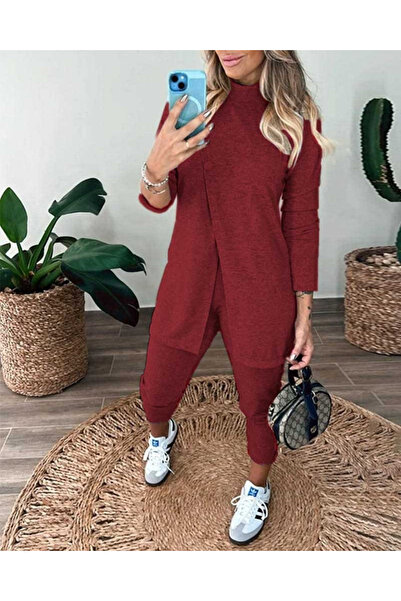 Meleners    Women's Long Sleeve Turtleneck Front Buttoned Blouse and Trousers Yumoş Double Set