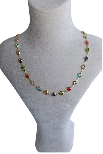 Birmem Kadın Gold Rengi Renkli Kalp Taşlı Su Yolu Çelik Kolye