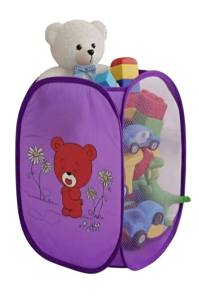 HZL HOME Ayıcık Desenli Mor Fileli Katlanabilir Oyuncak-Çamaşır Sepeti Çocuk Odası Düzenleyici