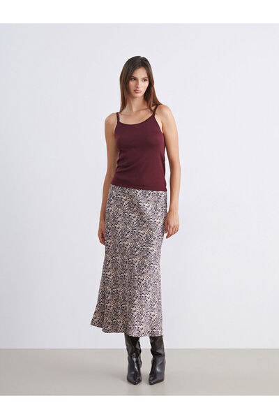 LC Waikiki Alita City Farkıyla Soulife Brown Satin Patterned Long Women's Skirt