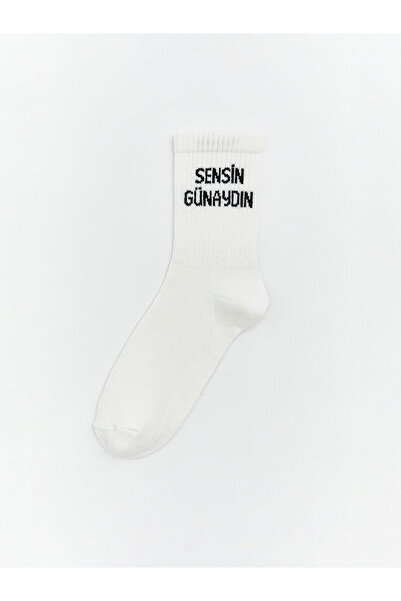 LC Waikiki Ecru Slogan Printed Women's Socks
