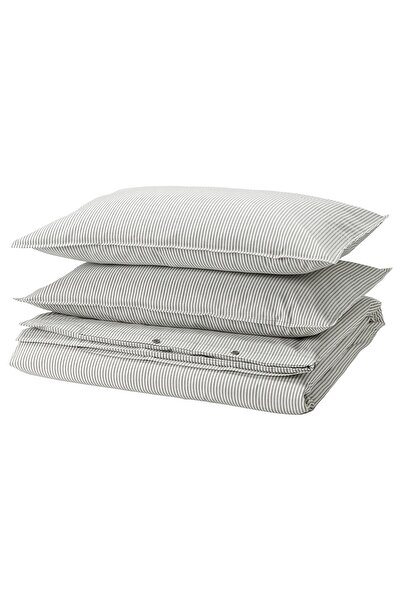 IKEA SOLFIBBLA Duvet cover and 2 pillowcases, grey white/stripe