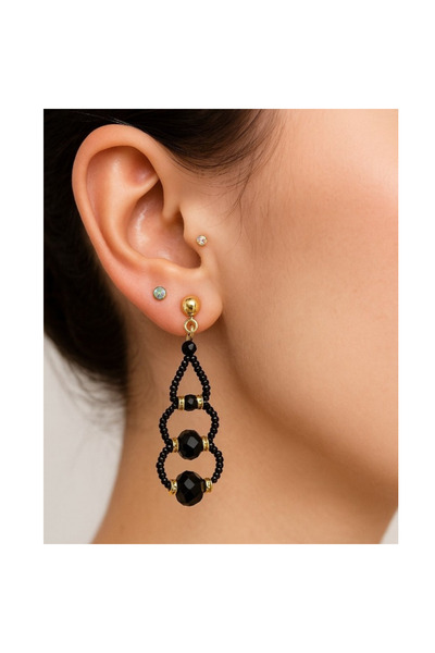 Hmd Gold Color Combination Three Round Black Bead Earrings