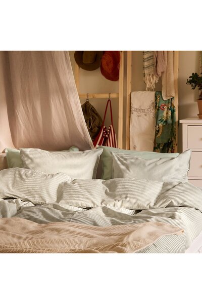 IKEA SOLFIBBLA Duvet cover and pillowcase, white green/stripe, 150 x 200/50 x 80 cm