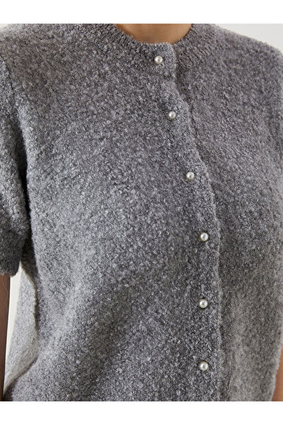 LC Waikiki LCW Modest Gri Bisiklet Yaka Kadın Triko Hırka