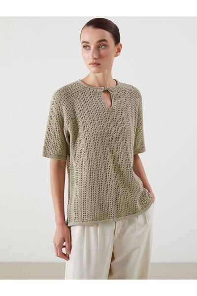 LC Waikiki Green Lace-Up Collar Openwork Women's Knitwear Sweater