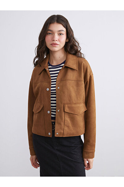 LC Waikiki سترة نسائية كبيرة الحجم من الجلد السويدي بياقة قميص من Peak New Se...