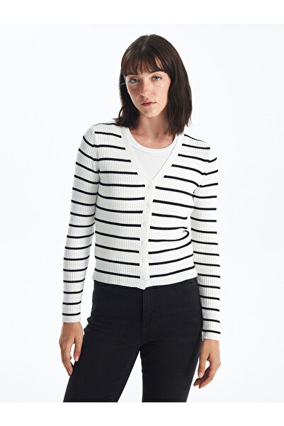 LC Waikiki Gestreifter Damen-Strickjacke mit langen Ärmeln und V-Ausschnitt