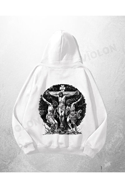 Bravebell Λευκό Unisex Crucifixion με τύπωμα oversized Φούτερ με κουκούλα