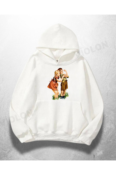 Violon Λευκό Unisex Lovers με τύπωμα oversized Φούτερ με κουκούλα