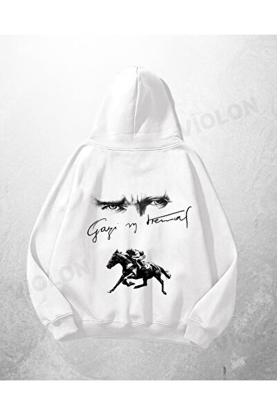 Violon Λευκό φούτερ με κουκούλα Unisex Atatürk Signature B με τύπωμα O oversized