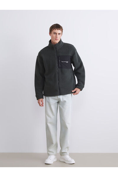 LC Waikiki Ανδρικό φούτερ με μακρυμάνικο βελούδινο χακί ψηλός λαιμός