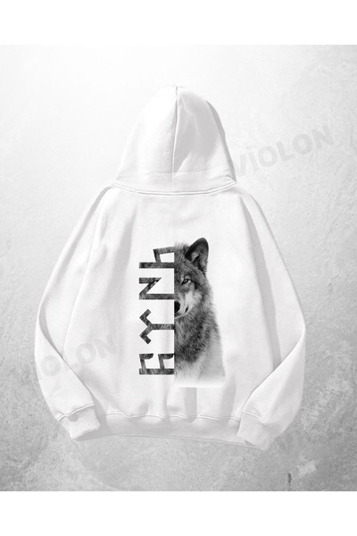 Bravebell سويت شيرت بقلنسوة كبير الحجم مطبوع عليه وولف رونيك باللون الأبيض لل...