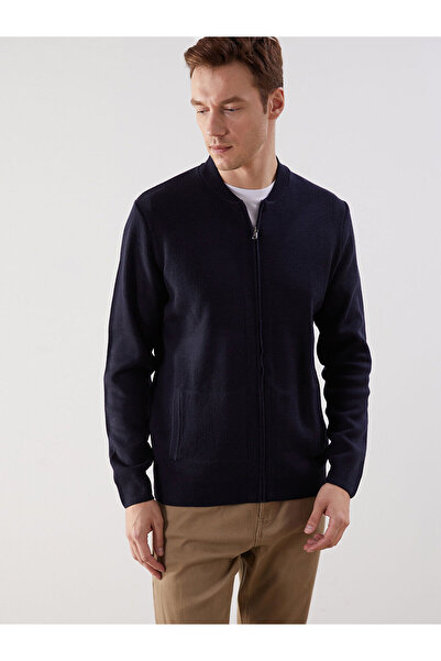 LC Waikiki Navy Blue College Collar Plain Men's Knitwear Cardigan