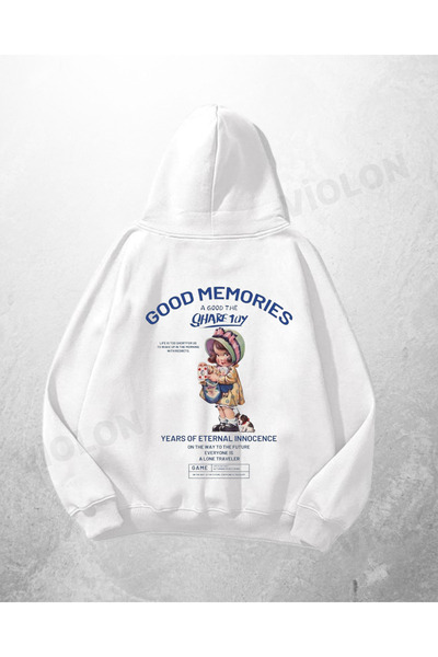 Violon Λευκό φούτερ με κουκούλα Unisex Good Memories με τύπωμα oversized