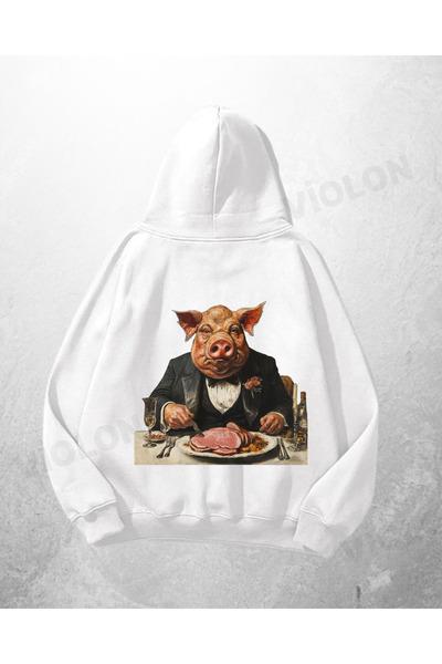 Violon Λευκό Unisex Pig Gentleman με τύπωμα oversized Φούτερ με κουκούλα