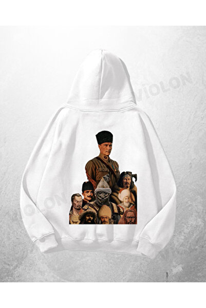 Violon Λευκό Unisex Φούτερ με κουκούλα Ataturk and Kids με τύπωμα oversized