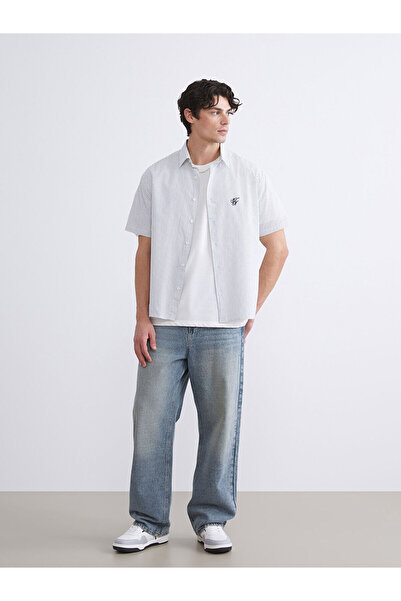 LC Waikiki Ανδρικό πουκάμισο XSIDES Μαύρο με κοντό μανίκι με ρίγες από ποπλίνα