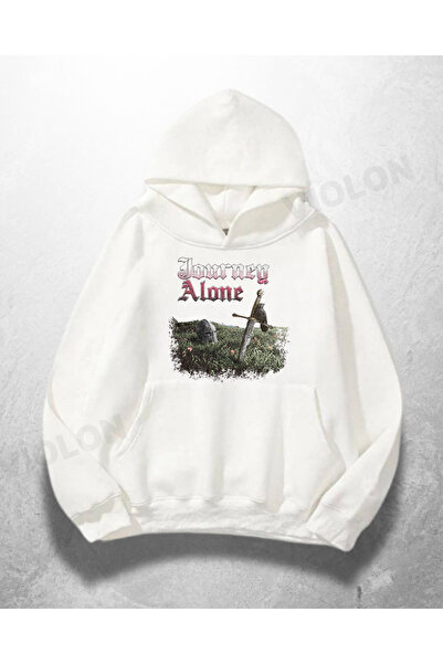 Violon Λευκό Unisex Forever Alone με τύπωμα oversized Φούτερ με κουκούλα