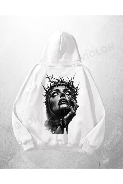 Bravebell Hanorac alb unisex Crown of Thorns cu imprimeu supradimensionat Swe...