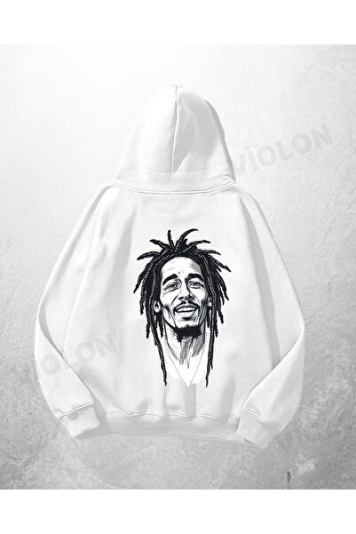 Bravebell سويت شيرت بقلنسوة كبير الحجم مطبوع عليه بوب مارلي باللون الأبيض للج...