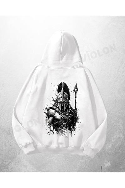 Bravebell سويت شيرت بقلنسوة كبير الحجم مطبوع عليه سبارتان باللون الأبيض للجنسين