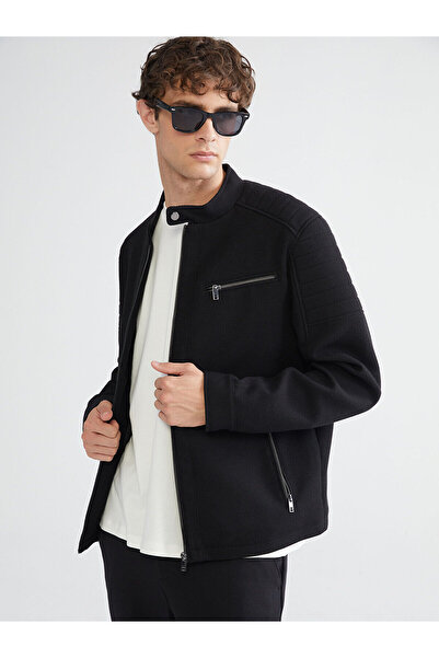 LC Waikiki Siyah Slim Fit Biker Yaka Erkek Mont