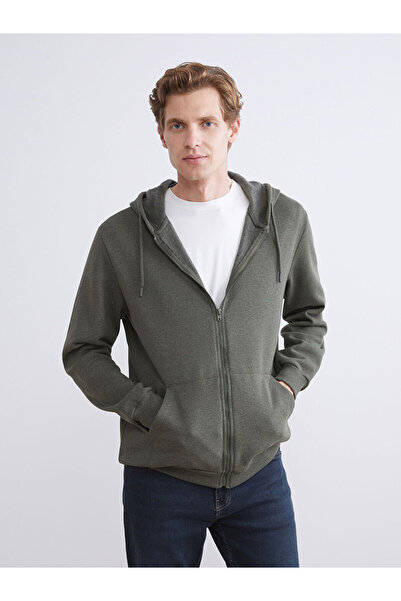 LC Waikiki Khaki Hooded Long Sleeve Men's Zippered Sweatshirt