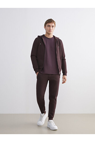 LC Waikiki Ανδρικό φούτερ με μακρυμάνικο φερμουάρ Plum με κουκούλα