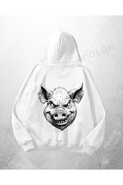 Violon Λευκό Unisex Hoodie Sweatshirt με τύπωμα oversized με κουκούλα