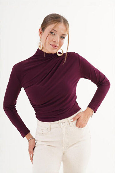 VELZANA Bluză bordeaux elegantă, mulată, cu guler înalt