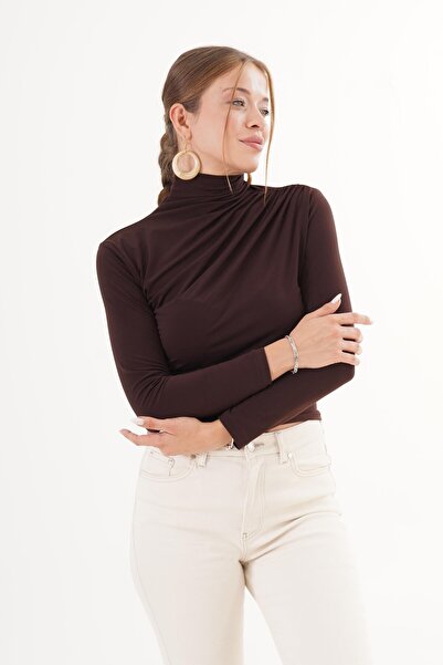 VELZANA Brown Elegant Slim Fit Turtleneck Blouse