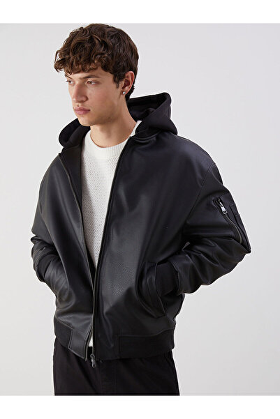 LC Waikiki Black Standard Mold Hooded Men's Leather Look Coat