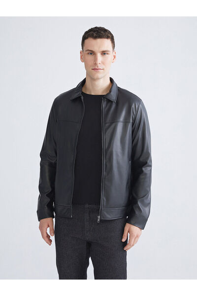 LC Waikiki Black Standard Mold Shirt Collar Men's Leather Look Coat