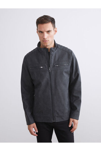 LC Waikiki سترة رجالية رمادية اللون بياقة راكب الدراجات النارية ومظهر جلدي