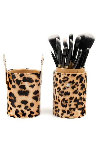 de Set of 12 Professional Makeup Brushes with Stand, Leopard