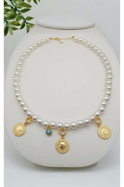 xtaki 3 gemici kilitli kolye, Kilitli çeyrekli kolye, çeyrekli takılan kolye, Çeyrekli incili kolye