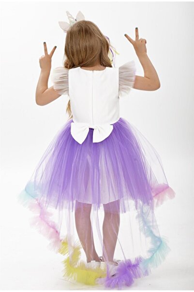 Buse&Eylül Bebe Unicorn Leylak Kuyruk Detaylı Gökkuşağı Taçlı Kız Çocuk Parti Elbisesi