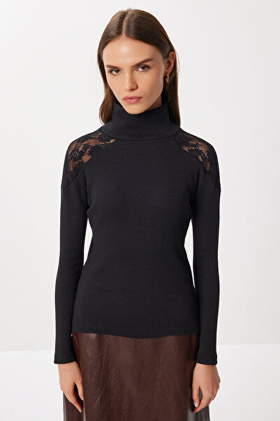 Lovelyİstanbul Lace Detailed Ribbed Knitted Blouse Len0049 Black