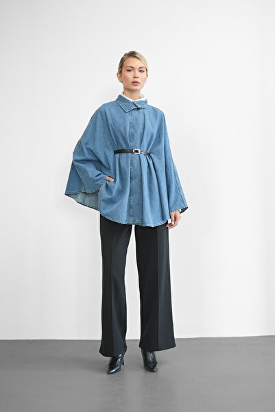 Molly Nelly Women's Belted Denim Casual Poncho Jacket