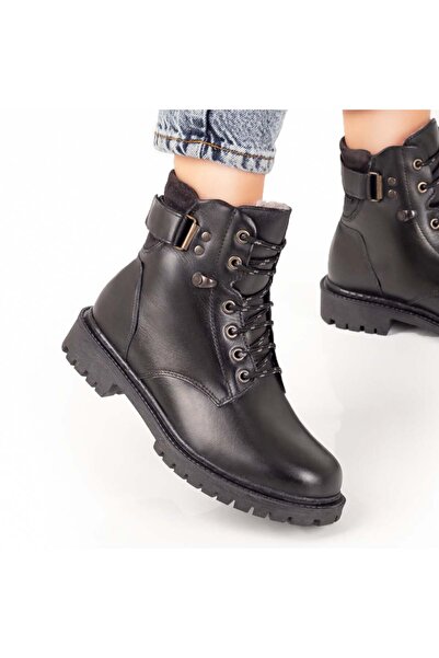 Modlet.ro Women's black leather lace-up and hook-and-loop closure boots MOD07574