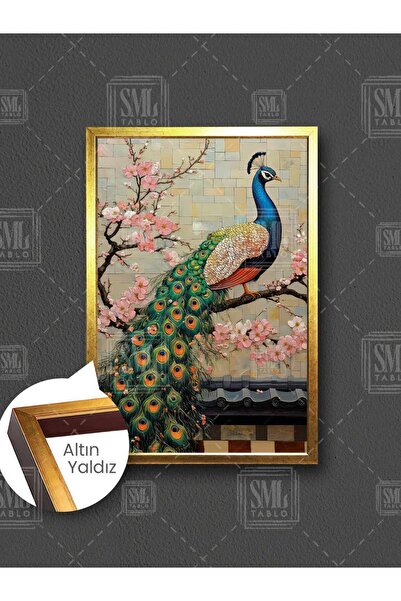 SML TABLO Yeşil Kuyruklu Tavus Kuşu Tavuskuşu Pembe Japon Çiçekleri Çerçeveli Dikey Kanvas Tablo