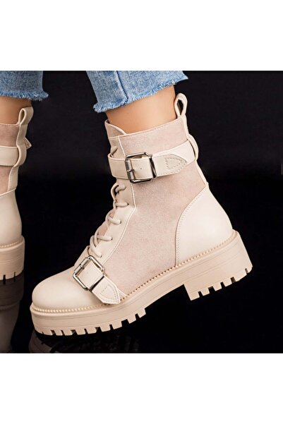 Modlet.ro Women's beige lace-up and zipper boots MOD07418