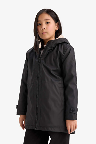 DeFacto C5229 Black Girl's Water Repellent Hooded Zippered Raincoat