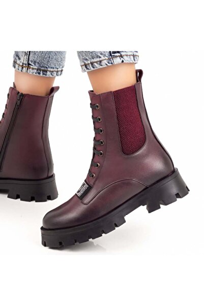 BMoD Ghete de damă din piele naturală bordo cu fermoar și inserție elastică M...