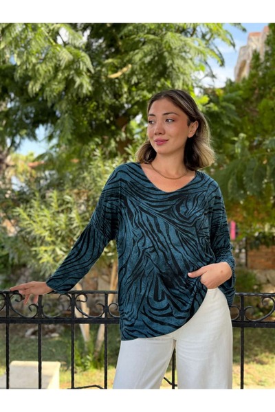 Punta Otantik Nc11285 Italian V-Neck Zebra Pattern Knitwear Blouse Petrol